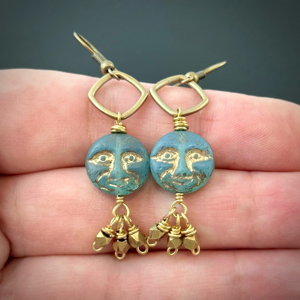 Blue Czech Glass Moon Face w/Brass Dangles, Handmade Artisan Celestial Earrings